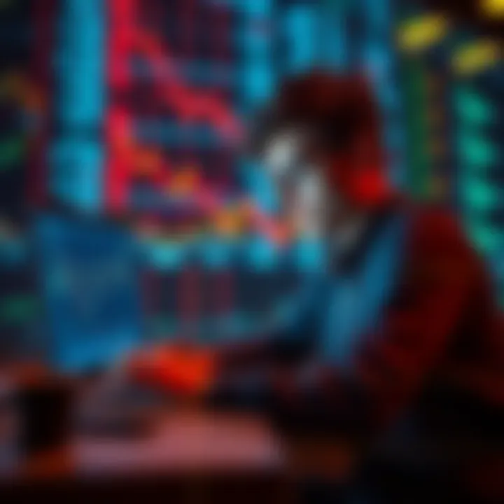 A student analyzing charts and algorithms on a laptop, focusing on neural networks for trading strategies.