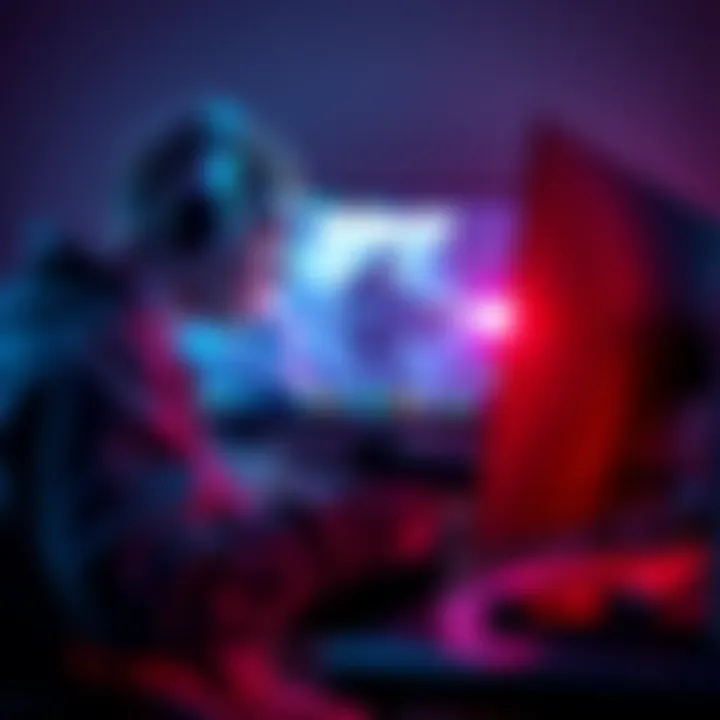 A Neuralink patient focused on a monitor, using brain signals to play a first-person shooter game. The room is equipped with gaming gear.