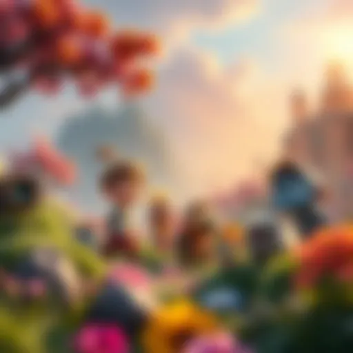 A colorful animated scene showing characters with Pixar-like quality in a vibrant landscape, showcasing advanced animation techniques.