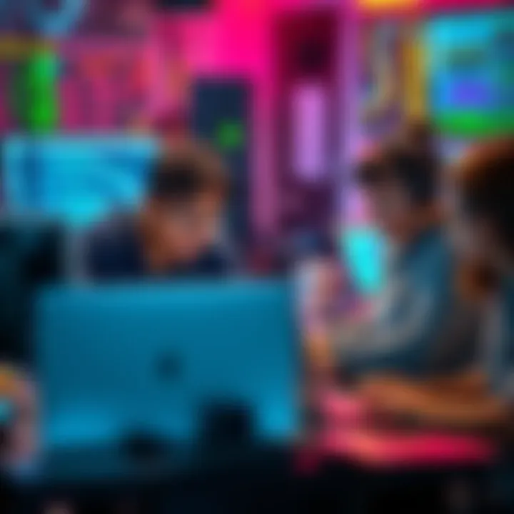 A group of new coders collaborating on laptops, using modern coding tools and discussing strategies in a tech workspace.