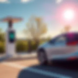 New Electric Vehicle Charging Station A modern electric vehicle charging station with a sleek EV parked next to it, featuring a digital display showing charging progress, in a bright and sunny setting.