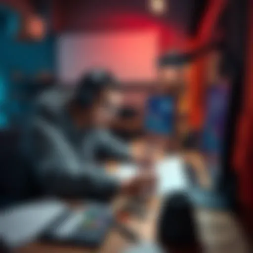 A beginner game developer working on a 3D story-driven game, surrounded by design tools and sketches.