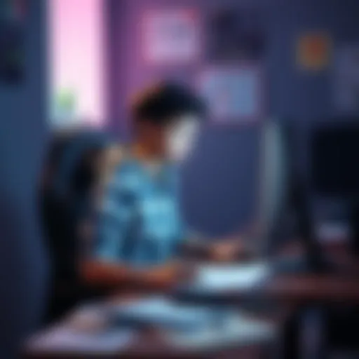 A young person sitting at a computer, focused on coding in Godot, surrounded by game design materials and notes.