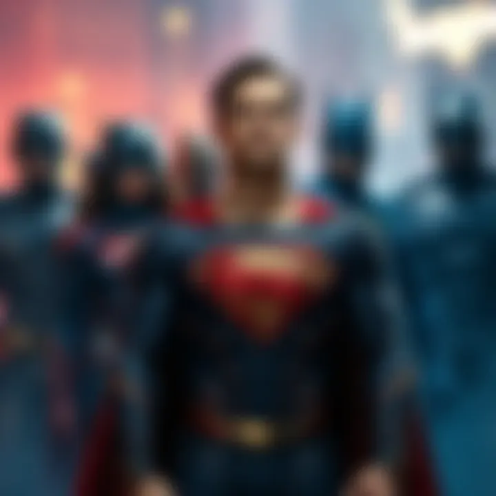 A group of diverse superheroes standing side by side with Superman, showcasing a bright future for superhero stories.