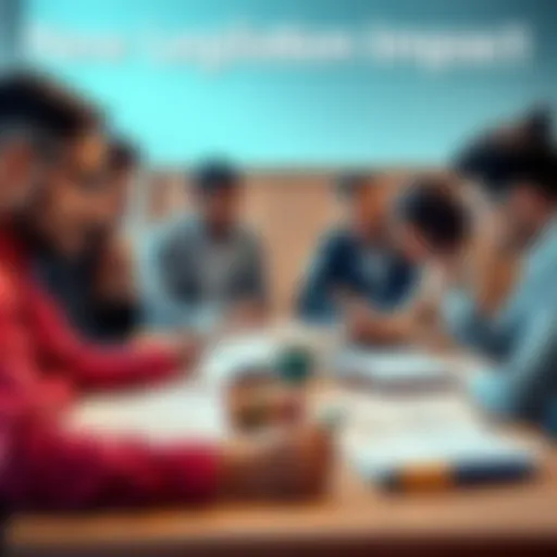 People reviewing new legislation documents at a table, discussing its effects on community life, with papers and a laptop present.