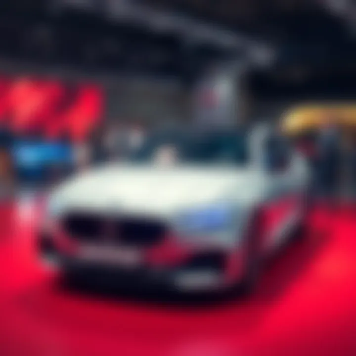 A fresh car model on display, attracting attention with people admiring it, showcasing its design and features.