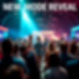 New Model Reveal A crowd eagerly discussing and speculating about a new product launch, with excitement in the air.