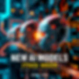 A futuristic graphic showcasing various AI models with digital patterns and technology elements.