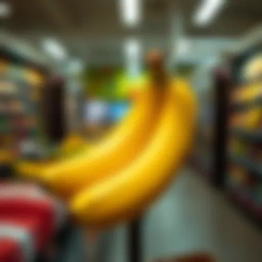 A fresh yellow banana that doesn't brown, displayed in a bright grocery store setting