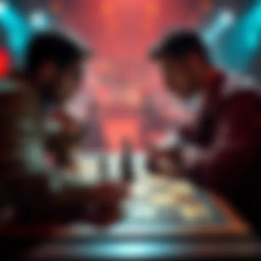 Two players engaged in a chess game using a new variant with custom cards and fog of war settings