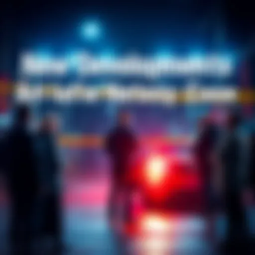 A group of people discussing recent case updates at night, with police tape in the background