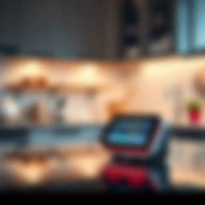 A modern, sleek device sitting on a kitchen counter, showing its features on a digital screen, symbolizing improved convenience and efficiency in daily routines.