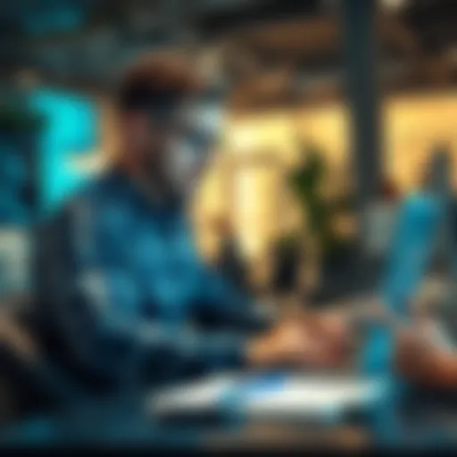 A new employee at an advertising agency looking at AI applications on a laptop, with a notepad and pen beside them.