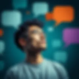 A person contemplating new communication phrases while surrounded by speech bubbles representing feedback.