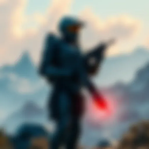 A futuristic soldier stands in a detailed landscape, holding a high-tech weapon, inspired by classic games.