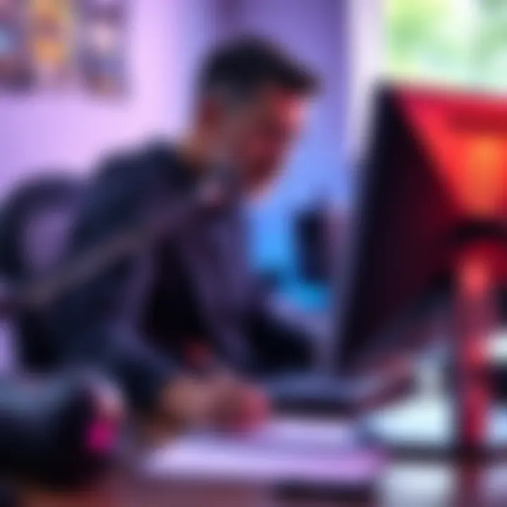 A 45-year-old aspiring game developer sits at a desk with a computer, sketching game ideas and concepts, excited to start their journey in game design.