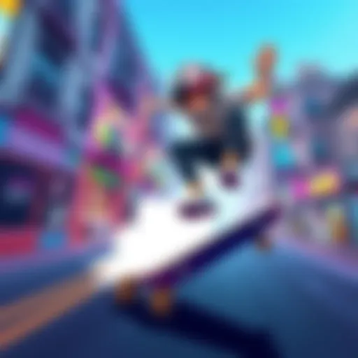 A fun graphic showcasing a skateboarder performing tricks in a vibrant urban setting, inspired by Jet Set Radio and Tony Hawk’s Pro Skater.