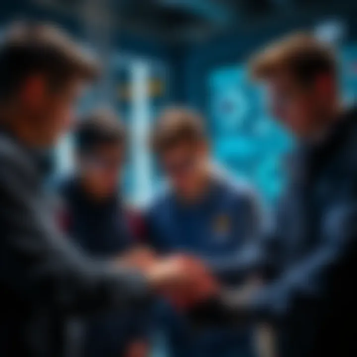 A group of young engineers collaborating on AI project designs, highlighting teamwork and technology.