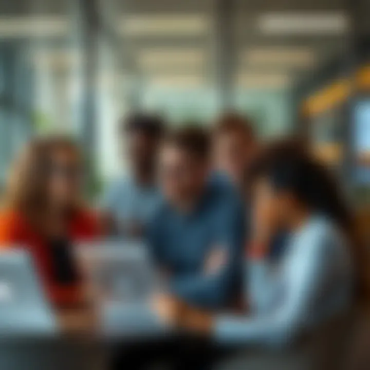 A group of new marketers discussing strategies and facing challenges together in a modern office setting.