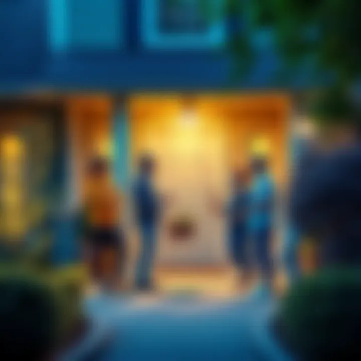 A friendly group of neighbors chatting in front of a house, with one person holding a welcome basket.