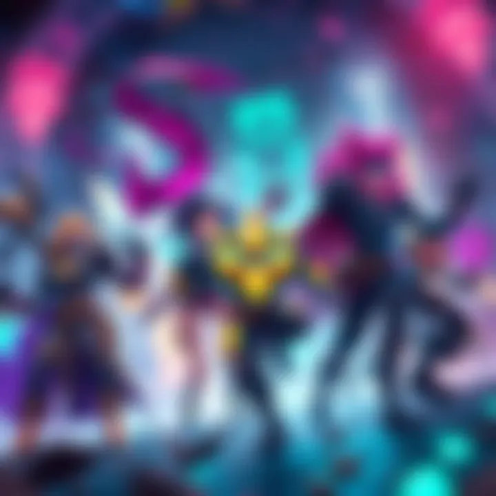 A group of unique heroes in combat poses, showcasing their special abilities in a vibrant arena setting.