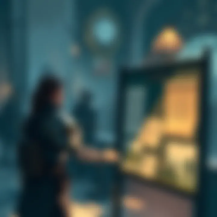 New RPG Quests A character interacting with a notice board featuring new quests in an RPG game setting, with historical events illustrated in the background.