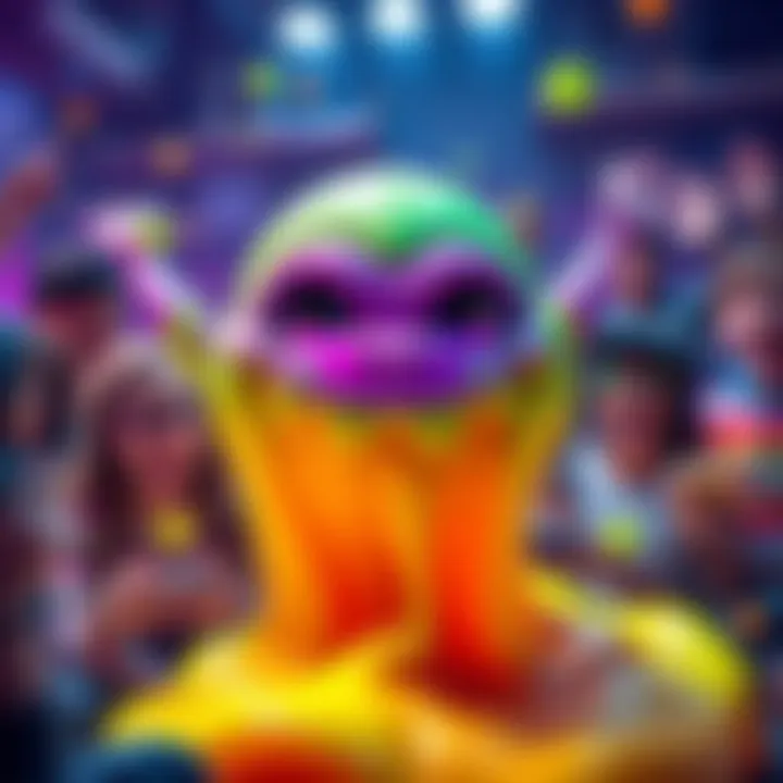 New slime monster from gaming Colorful slime monster with a friendly face and gooey texture surrounded by excited gamers