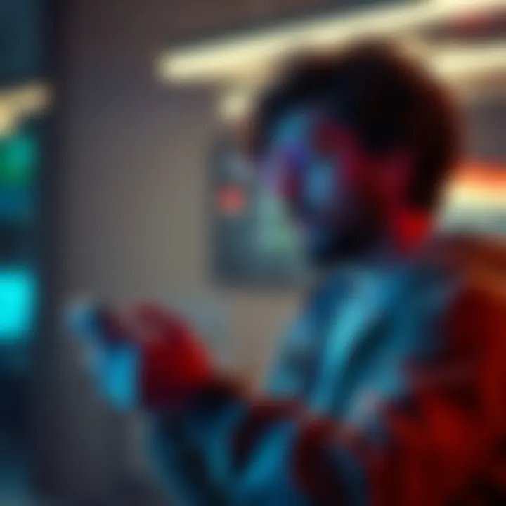 A user chatting with the Replika chatbot on a smartphone, looking curious about the interaction.