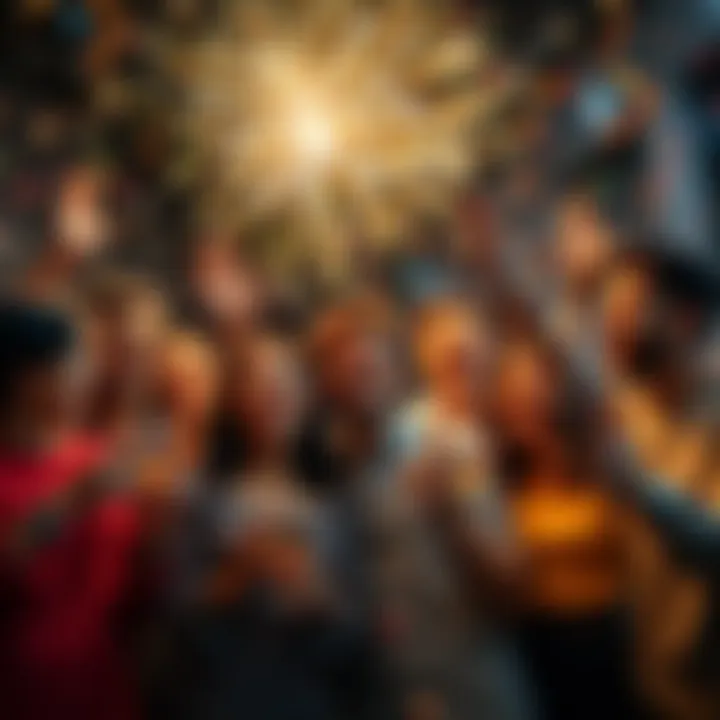 A group of diverse people celebrating New Year's Eve with fireworks and confetti, full of joy and laughter.
