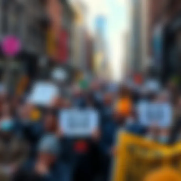 Crowd celebrating the election of New York City's first non-white mayor with signs and banners in the streets.