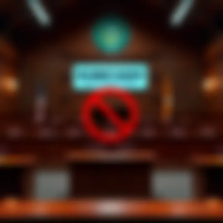 New York Courts Prohibit Smart Glasses A courtroom setting with a sign stating 'No Smart Glasses Allowed' prominently displayed, symbolizing the ban in New York courts