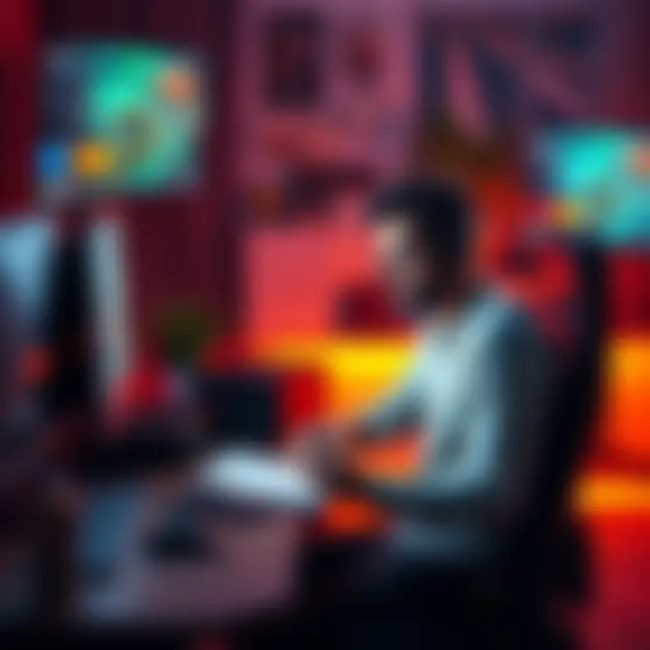 A newcomer sitting at a desk with a computer, sketching game ideas and looking excited about video game development.