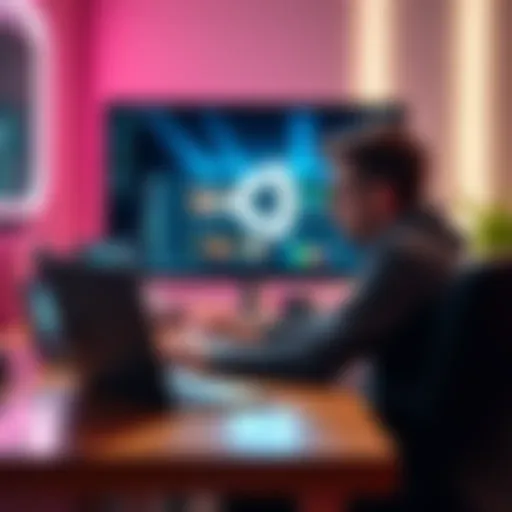 A person sitting at a desk, working on a laptop with GDevlop5 software open, looking focused and engaged with game development.