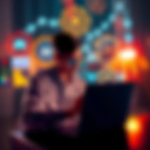 A person exploring AI topics on a laptop, with visual graphics of AI concepts around them