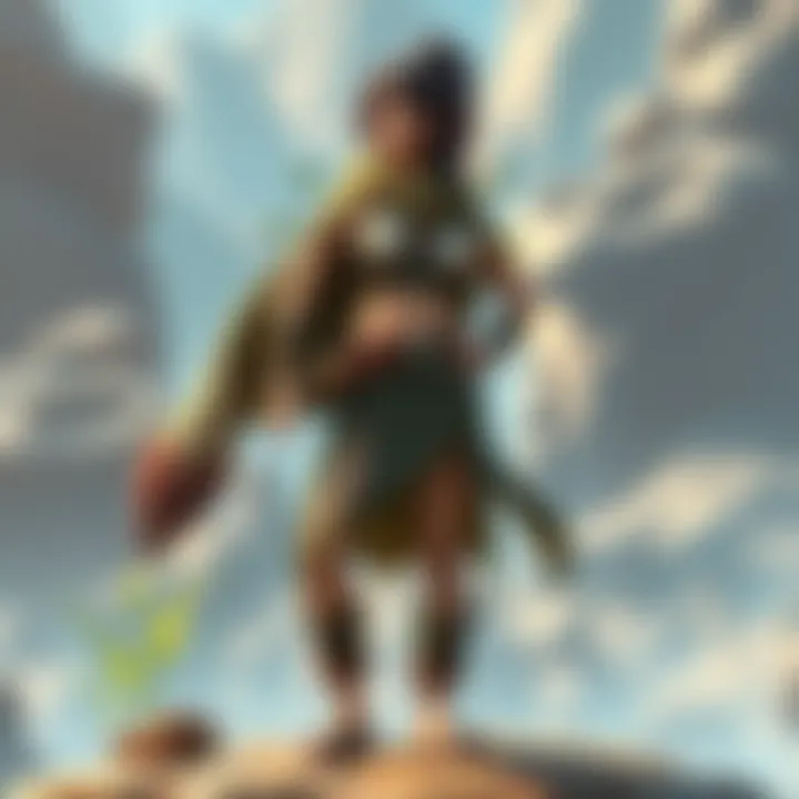 A full-body character named Nina, showcasing earth-themed attire with natural elements like stones and plants, standing confidently in a vibrant setting.