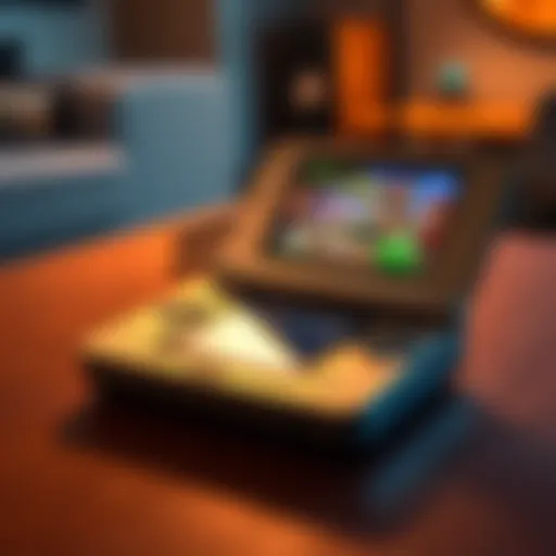 A Nintendo DS handheld console with dual screens and stylus, set on a wooden table, displaying a popular game.