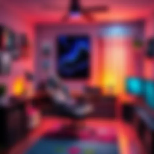 A stylish Nintendo Switch gaming room with colorful decorations and a cozy gaming chair