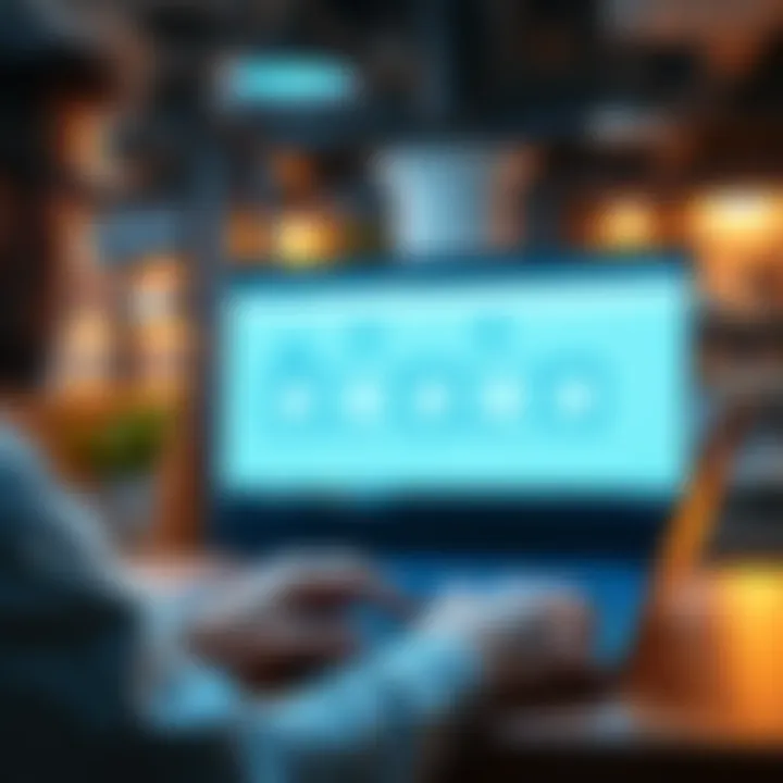 A busy entrepreneur uses a laptop to set up no-code automation for follow-up messages, showing a clear workflow on the screen.