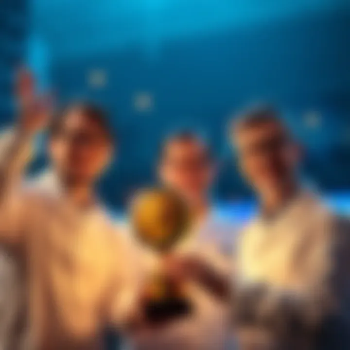 Three scientists celebrating their Nobel Prize win for advancements in quantum computing chips, holding a trophy and smiling.