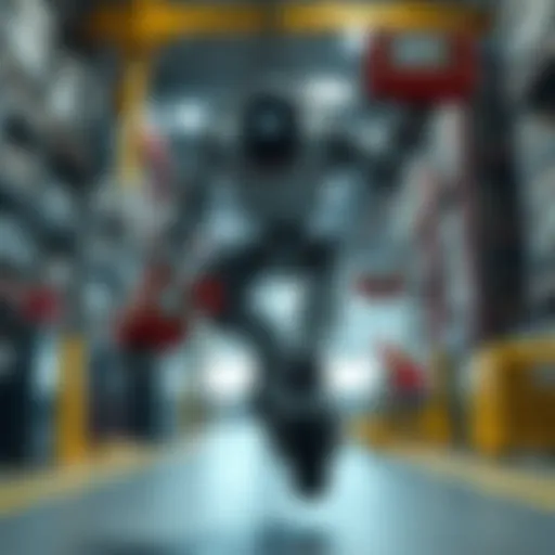 A humanoid robot built by Noble Machines working in an industrial setting, lifting heavy loads and maneuvering through a complex workspace.