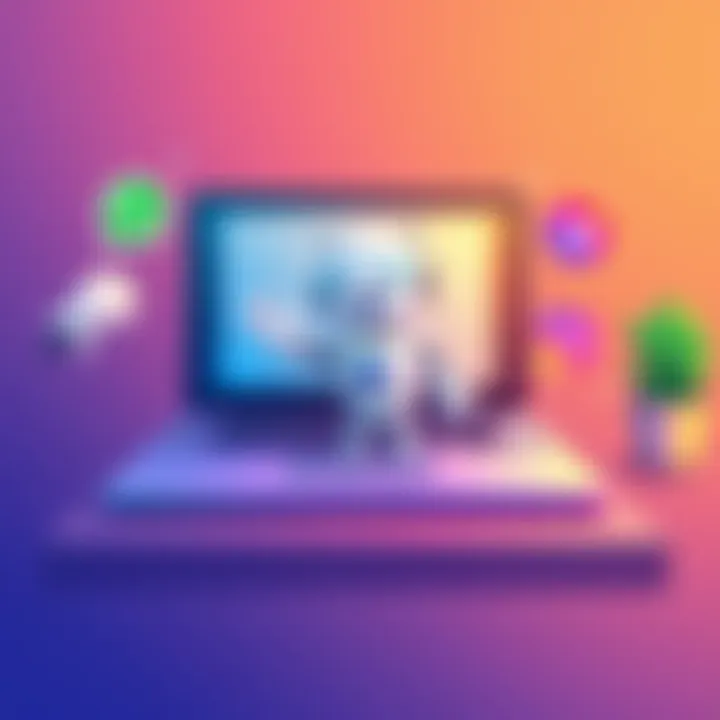 An illustration showing a friendly chatbot on a laptop screen, with social media icons like WhatsApp and Instagram around it, symbolizing easy integration and customer interaction.