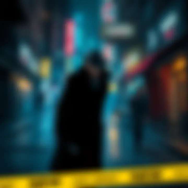 A dark city street with a detective character in a trench coat, investigating a crime scene with neon lights in the background.