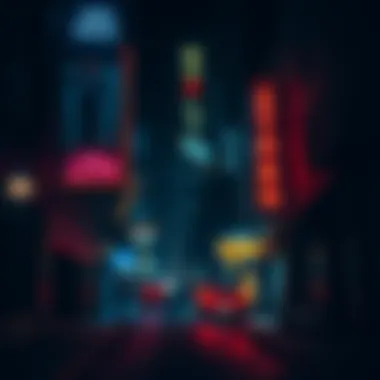 A dark, shadowy street in Noir York City with neon signs and vintage style buildings, creating an urban atmosphere.