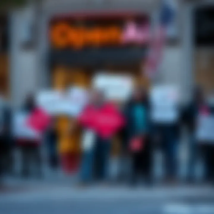 Members of a California nonprofit holding signs in front of an OpenAI office, expressing concerns about intimidation tactics