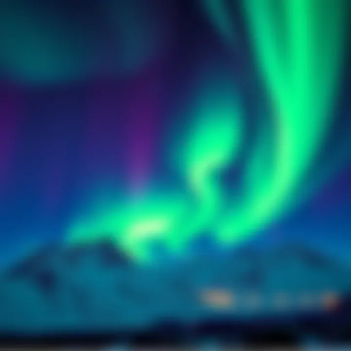 The Aurora Borealis displaying vibrant green and purple colors across a dark night sky over snowy mountains