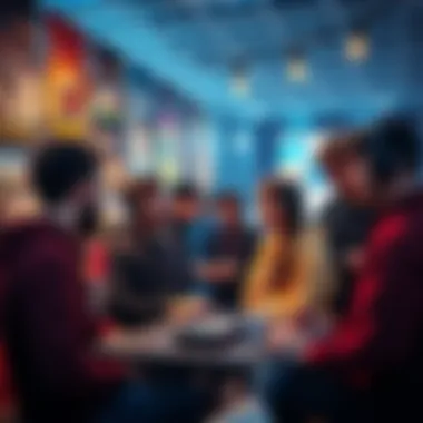 A group of Norwegian indie game developers discussing their projects at a local event, surrounded by posters of their games, showcasing creativity and collaboration.