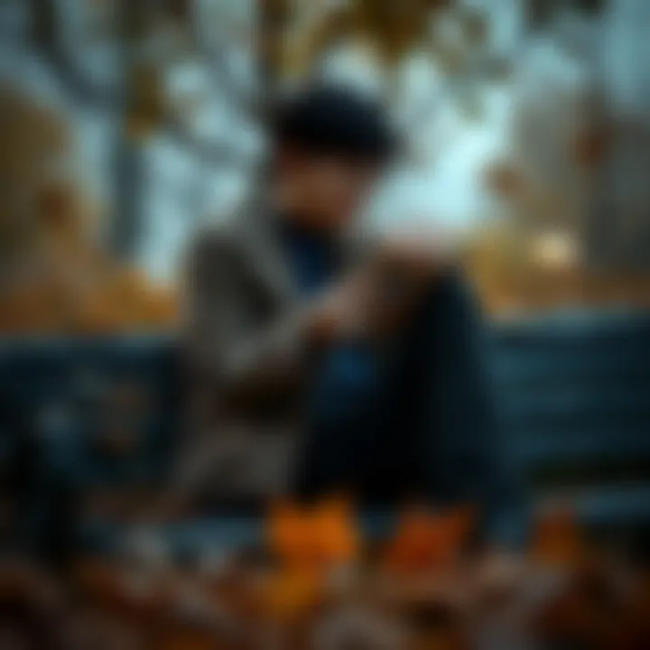 A person sitting on a park bench, looking at old photographs with a thoughtful expression, surrounded by autumn leaves.