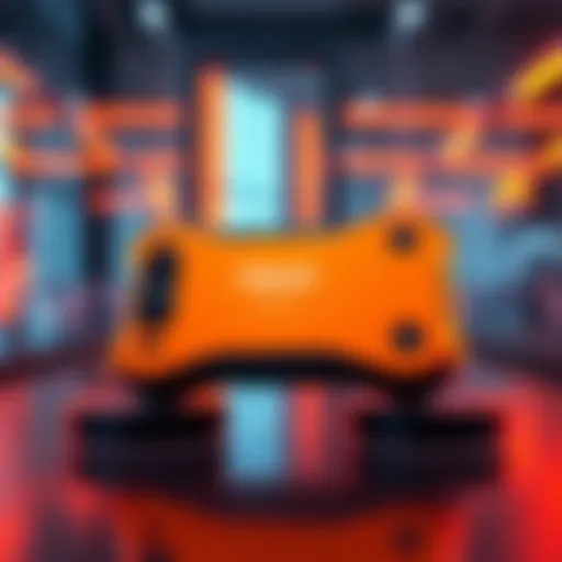 A sleek orange device showcasing its new features and hybrid core system upgrade, set against a modern backdrop.