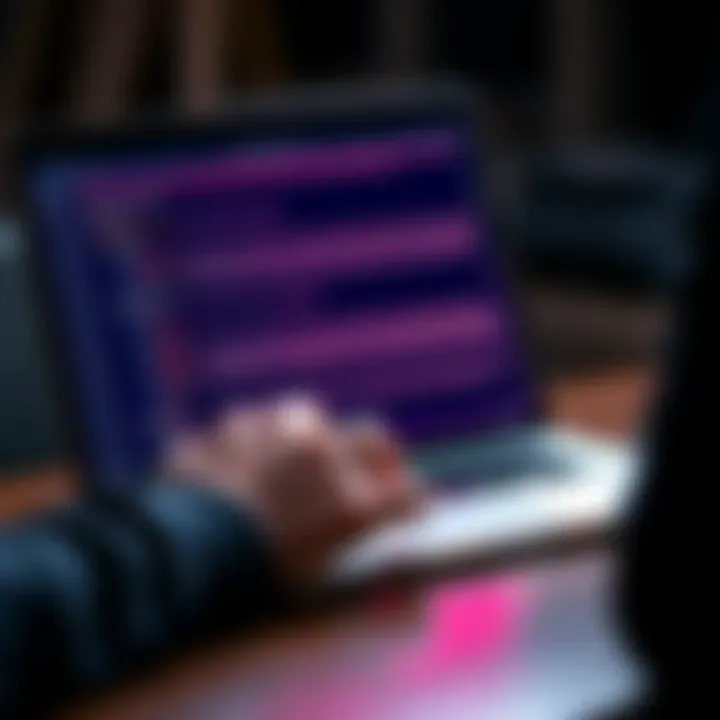 A close-up view of a user interacting with the Novelai writing tool on a laptop, showcasing the interface and text generation features.