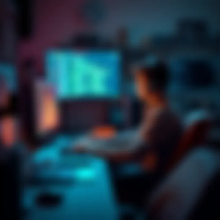 Novice Using Godot Game Engine A beginner sitting at a computer, engaged in creating a game with the Godot engine, surrounded by coding and design tools.